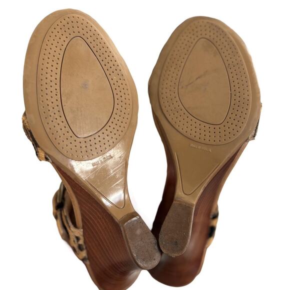 Y2K FUR LEOPARD BUCKLE STRAPPY HEELS WEDGE SANDALS SZ.  8-8.5‎ COLDWATER CREEK - Picture 7 of 7